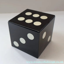 Load image into Gallery viewer, Vintage 1960s Toffee Tin with the Shape of a Black and White Dice (containing 28 dominoes)
