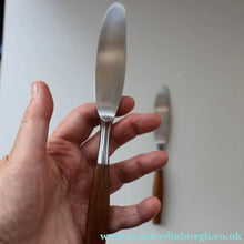 Load image into Gallery viewer, 1950s. Pair of Vintage DANSK Fjord Pattern Dinner Knives. Stainless Steel with Teak Handles. 8 1/4 inches
