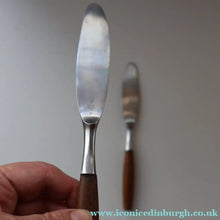 Load image into Gallery viewer, 1950s. Pair of Vintage DANSK Fjord Pattern Dinner Knives. Stainless Steel with Teak Handles. 8 1/4 inches
