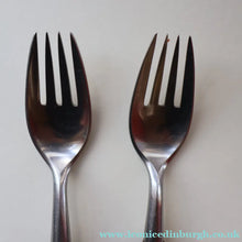 Load image into Gallery viewer, 1950s. Pair of Vintage DANSK Fjord Pattern Four-Prong Forks. Stainless Steel with Teak Handles. 7 1/4 inches
