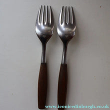 Load image into Gallery viewer, 1950s. Pair of Vintage DANSK Fjord Pattern Four-Prong Forks. Stainless Steel with Teak Handles. 7 1/4 inches
