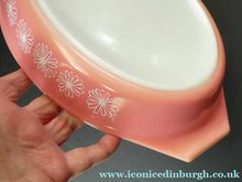 Load image into Gallery viewer, Two Pyrex Dishes. No Lids. Black Oblong. Pink Oval. Snowflake Pattern
