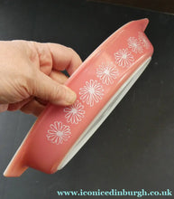 Load image into Gallery viewer, Two Pyrex Dishes. No Lids. Black Oblong. Pink Oval. Snowflake Pattern
