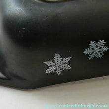 Load image into Gallery viewer, Two Pyrex Dishes. No Lids. Black Oblong. Pink Oval. Snowflake Pattern

