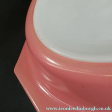 Load image into Gallery viewer, Two Pyrex Dishes. No Lids. Black Oblong. Pink Oval. Snowflake Pattern

