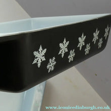 Load image into Gallery viewer, Two Pyrex Dishes. No Lids. Black Oblong. Pink Oval. Snowflake Pattern
