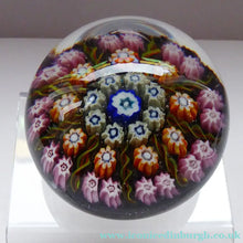 Load image into Gallery viewer, Beautiful VASART Scottish Glass Paperweight with 9 Spokes; with black ground, latticino canes &amp; millefiori
