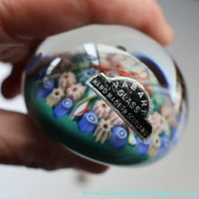 Load image into Gallery viewer, 1950s Vasart Glass Paperweight with Seven Spokes; Aqua ground Latticino Canes &amp; Millefiori - Paperweight
