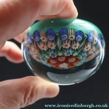Load image into Gallery viewer, 1950s Vasart Glass Paperweight with Seven Spokes; Aqua ground Latticino Canes &amp; Millefiori - Paperweight
