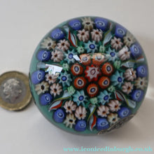 Load image into Gallery viewer, 1950s Vasart Glass Paperweight with Seven Spokes; Aqua ground Latticino Canes &amp; Millefiori - Paperweight
