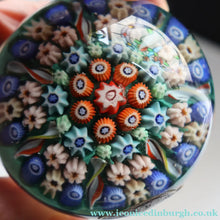 Load image into Gallery viewer, 1950s Vasart Glass Paperweight with Seven Spokes; Aqua ground Latticino Canes &amp; Millefiori - Paperweight
