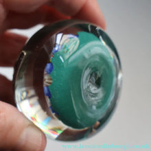 Load image into Gallery viewer, 1950s Vasart Glass Paperweight with Seven Spokes; Aqua ground Latticino Canes &amp; Millefiori - Paperweight
