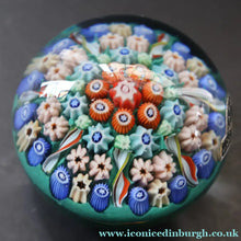 Load image into Gallery viewer, 1950s Vasart Glass Paperweight with Seven Spokes; Aqua ground Latticino Canes &amp; Millefiori - Paperweight
