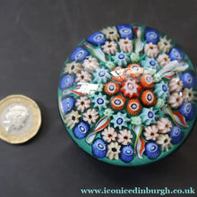 Load image into Gallery viewer, 1950s Vasart Glass Paperweight with Seven Spokes; Aqua ground Latticino Canes &amp; Millefiori - Paperweight
