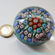 Load image into Gallery viewer, 1950s Vasart Glass Paperweight with Seven Spokes; Aqua ground Latticino Canes &amp; Millefiori - Paperweight
