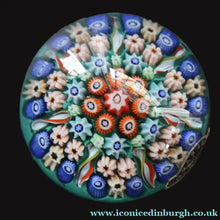 Load image into Gallery viewer, 1950s Vasart Glass Paperweight with Seven Spokes; Aqua ground Latticino Canes &amp; Millefiori - Paperweight
