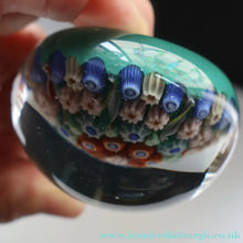 Load image into Gallery viewer, 1950s Vasart Glass Paperweight with Seven Spokes; Aqua ground Latticino Canes &amp; Millefiori - Paperweight

