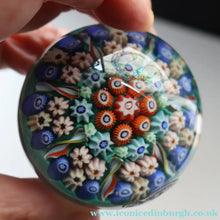 Load image into Gallery viewer, 1950s Vasart Glass Paperweight with Seven Spokes; Aqua ground Latticino Canes &amp; Millefiori - Paperweight
