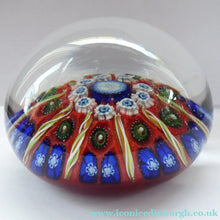 Load image into Gallery viewer, Fine VASART Scottish Glass Paperweight with Nine Spokes; with scarlet ground latticino canes &amp; millefiore. 3 inches
