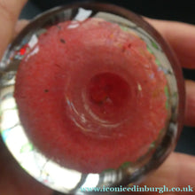 Load image into Gallery viewer,  VASART Scottish Glass Paperweight with 9 Spokes; with rose pink ground, latticino canes &amp; millefiori rosette
