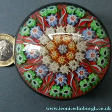 Load image into Gallery viewer,  VASART Scottish Glass Paperweight with 9 Spokes; with rose pink ground, latticino canes &amp; millefiori rosette
