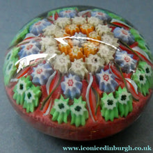 Load image into Gallery viewer,  VASART Scottish Glass Paperweight with 9 Spokes; with rose pink ground, latticino canes &amp; millefiori rosette
