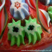 Load image into Gallery viewer,  VASART Scottish Glass Paperweight with 9 Spokes; with rose pink ground, latticino canes &amp; millefiori rosette
