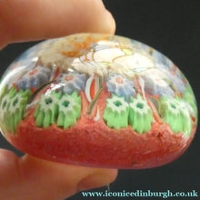 Load image into Gallery viewer,  VASART Scottish Glass Paperweight with 9 Spokes; with rose pink ground, latticino canes &amp; millefiori rosette
