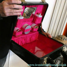 Load image into Gallery viewer, Vintage 1960s Black Patent Vanity Case with Bright Pink Lined Interior &amp; Fitted Bottles ETC - Luggage
