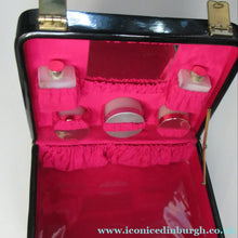 Load image into Gallery viewer, 1960s VINTAGE Vanity Case Black Patent Exterior and Bright Pink Lining
