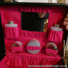 Load image into Gallery viewer, Vintage 1960s Black Patent Vanity Case with Bright Pink Lined Interior &amp; Fitted Bottles ETC - Luggage
