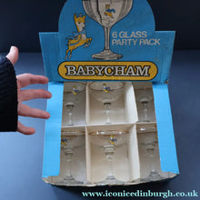 Load image into Gallery viewer, 1960s Collectable BOXED SET of Six Babycham Glasses with Yellow Deer Motif - British Glass
