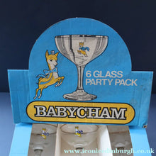Load image into Gallery viewer, 1960s Collectable BOXED SET of Six Babycham Glasses with Yellow Deer Motif - British Glass
