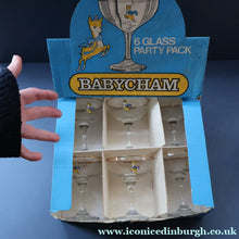 Load image into Gallery viewer, 1960s Collectable BOXED SET of Six Babycham Glasses with Yellow Deer Motif - British Glass
