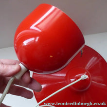 Load image into Gallery viewer, Rare 1960s CZECH Red and White Enamel Flying Saucer Hanging Ceiling Pendant LAMPSHADE. With Original Napako Label
