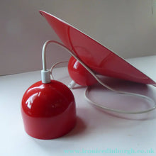 Load image into Gallery viewer, Rare 1960s CZECH Red and White Enamel Flying Saucer Hanging Ceiling Pendant LAMPSHADE. With Original Napako Label

