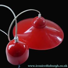 Load image into Gallery viewer, Rare 1960s CZECH Red and White Enamel Flying Saucer Hanging Ceiling Pendant LAMPSHADE. With Original Napako Label
