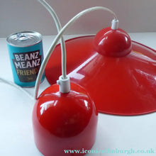 Load image into Gallery viewer, Rare 1960s CZECH Red and White Enamel Flying Saucer Hanging Ceiling Pendant LAMPSHADE. With Original Napako Label
