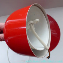 Load image into Gallery viewer, Rare 1960s CZECH Red and White Enamel Flying Saucer Hanging Ceiling Pendant LAMPSHADE. With Original Napako Label 
