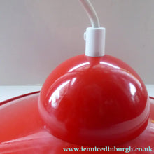 Load image into Gallery viewer, Rare 1960s CZECH Red and White Enamel Flying Saucer Hanging Ceiling Pendant LAMPSHADE. With Original Napako Label
