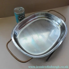 Load image into Gallery viewer, 1960s DANISH LUNDTOFTE Stainless Steel Serving Dish. Rare with Original Metal Cane Coated Serving Stand

