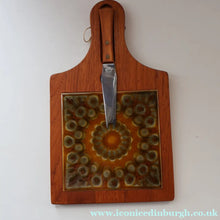 Load image into Gallery viewer, 1960s DANISH TEAK Vintage Cheese or Chopping Board with Ceramic Tile &amp; Orirignal Cheese Knife

