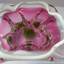 Load image into Gallery viewer, Josef HOSPODKA / Chribska; Czechoslovakia. Vintage 1960s Bowl with Green and Cranberry Colours Cased in Clear - with white rim 
