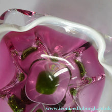 Load image into Gallery viewer, Josef HOSPODKA / Chribska; Czechoslovakia. Vintage 1960s Bowl with Green and Cranberry Colours Cased in Clear - with white rim 
