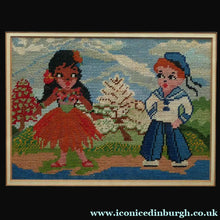 Load image into Gallery viewer, Vintage NURSERY PICTURE. Embroidery Panel Showing a Little French Sailor Meeting a Wee Hula Girl; 1960s
