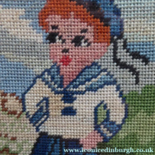 Load image into Gallery viewer, Vintage NURSERY PICTURE. Embroidery Panel Showing a Little French Sailor Meeting a Wee Hula Girl; 1960s
