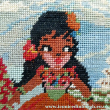 Load image into Gallery viewer, Vintage NURSERY PICTURE. Embroidery Panel Showing a Little French Sailor Meeting a Wee Hula Girl; 1960s
