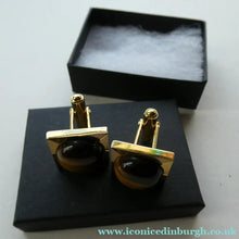 Load image into Gallery viewer, 1960s 1970s Brutalist Gold Tone Cufflinks with Tigers Eye Inclusion
