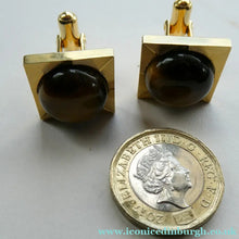 Load image into Gallery viewer, 1960s 1970s Brutalist Gold Tone Cufflinks with Tigers Eye Inclusion
