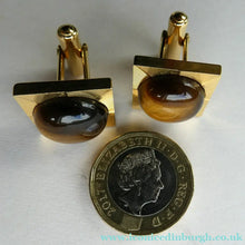 Load image into Gallery viewer, 1960s 1970s Brutalist Gold Tone Cufflinks with Tigers Eye Inclusion
